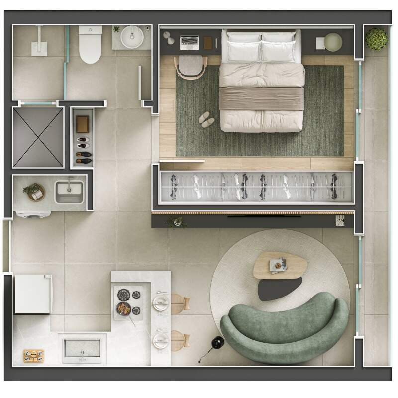 Planta humanizada dos finais 04 a 09, de 43 m² com 1 dormitório