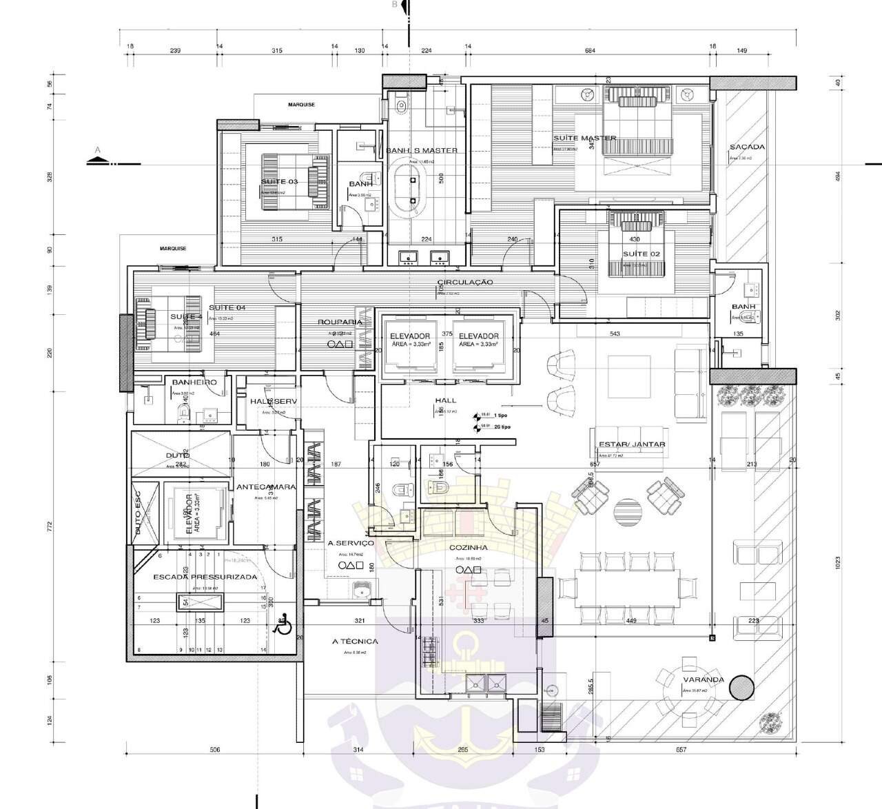 Planta do pavimento tipo: 267 m², 4 suítes e varanda com churrasqueira