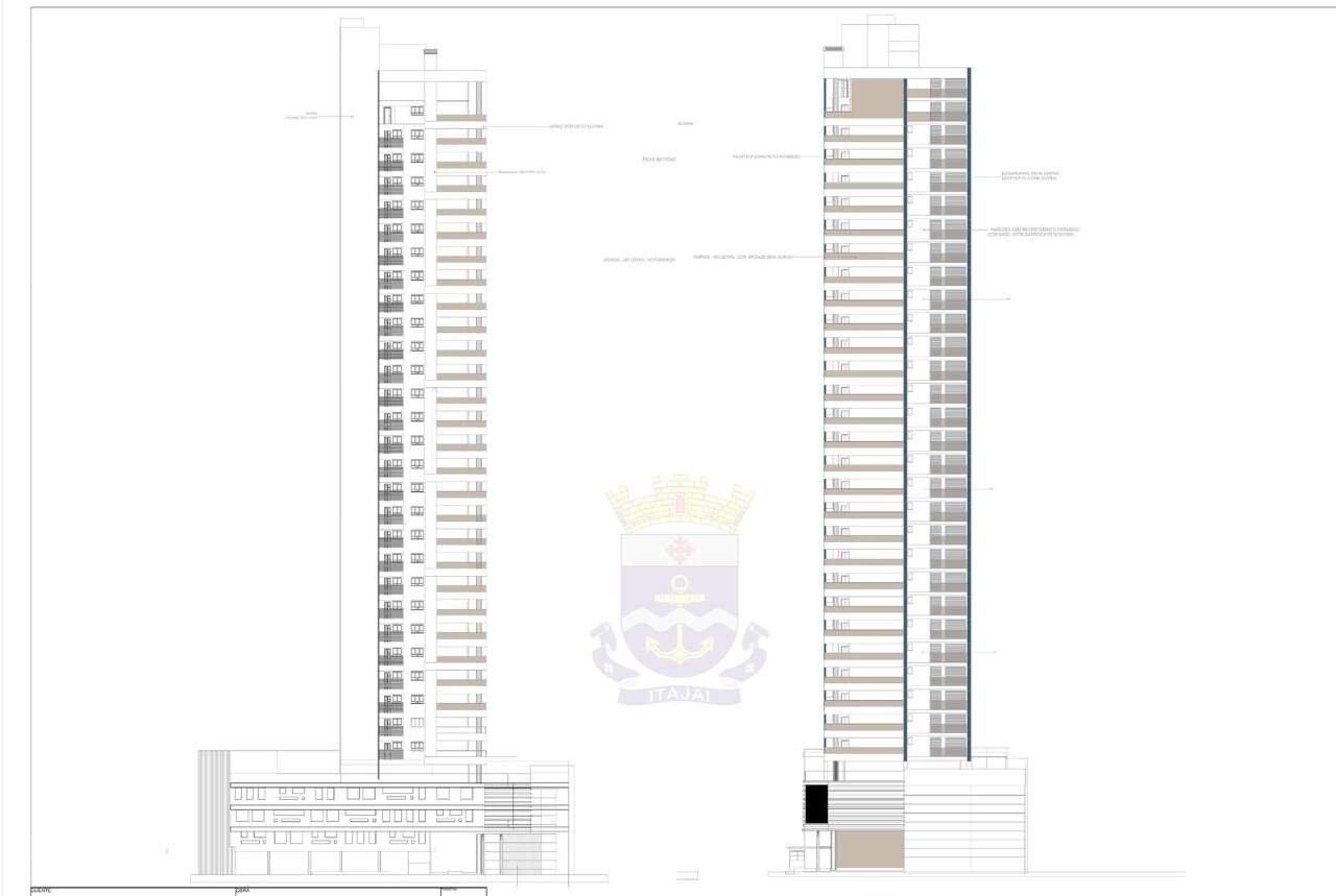 Fachadas do projeto aprovado, com a torre de 34 pavimentos