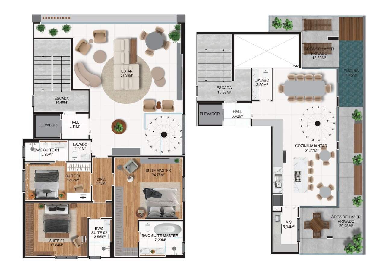 Planta do apartamento duplex, de 276,18 m², com 3 suítes e piscina privativa