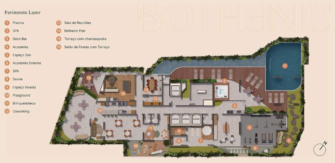 Planta do pavimento de lazer, com piscina, spa, academia, pub e salão de festas