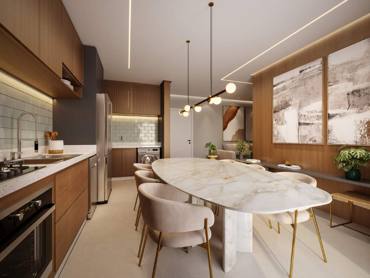 Living integrado à cozinha, com mesa de jantar (imagem ilustrativa)