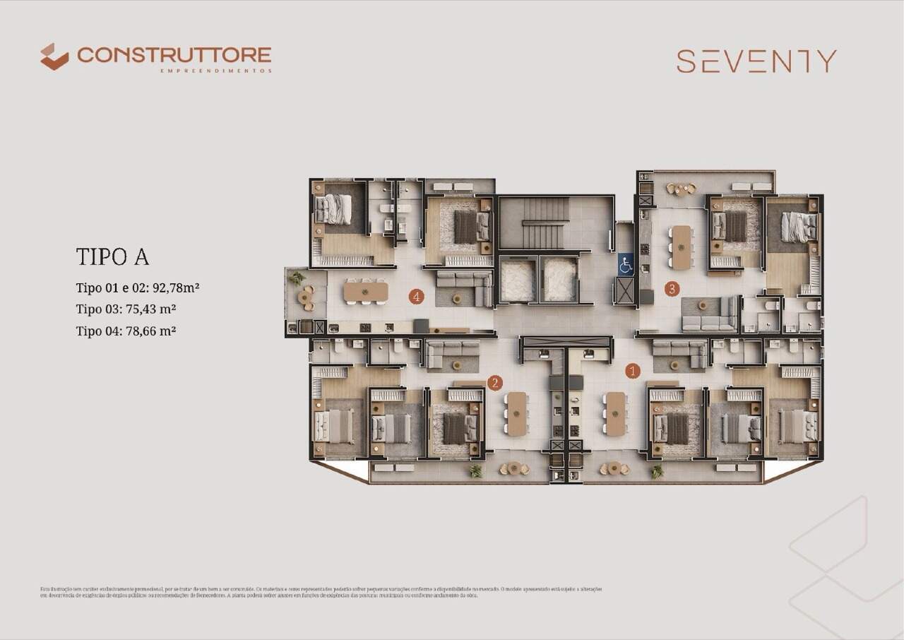 Pavimento tipo A: finais 1 e 2 com 92,78 m², final 3 com 75,43 m² e final 4 com 78,66 m²