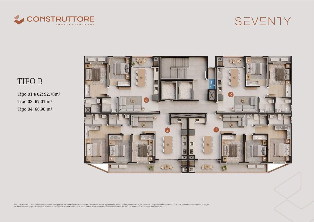 Pavimento tipo B: finais 1 e 2 com 92,78 m², final 3 com 67,01 m² e final 4 com 66,90 m²