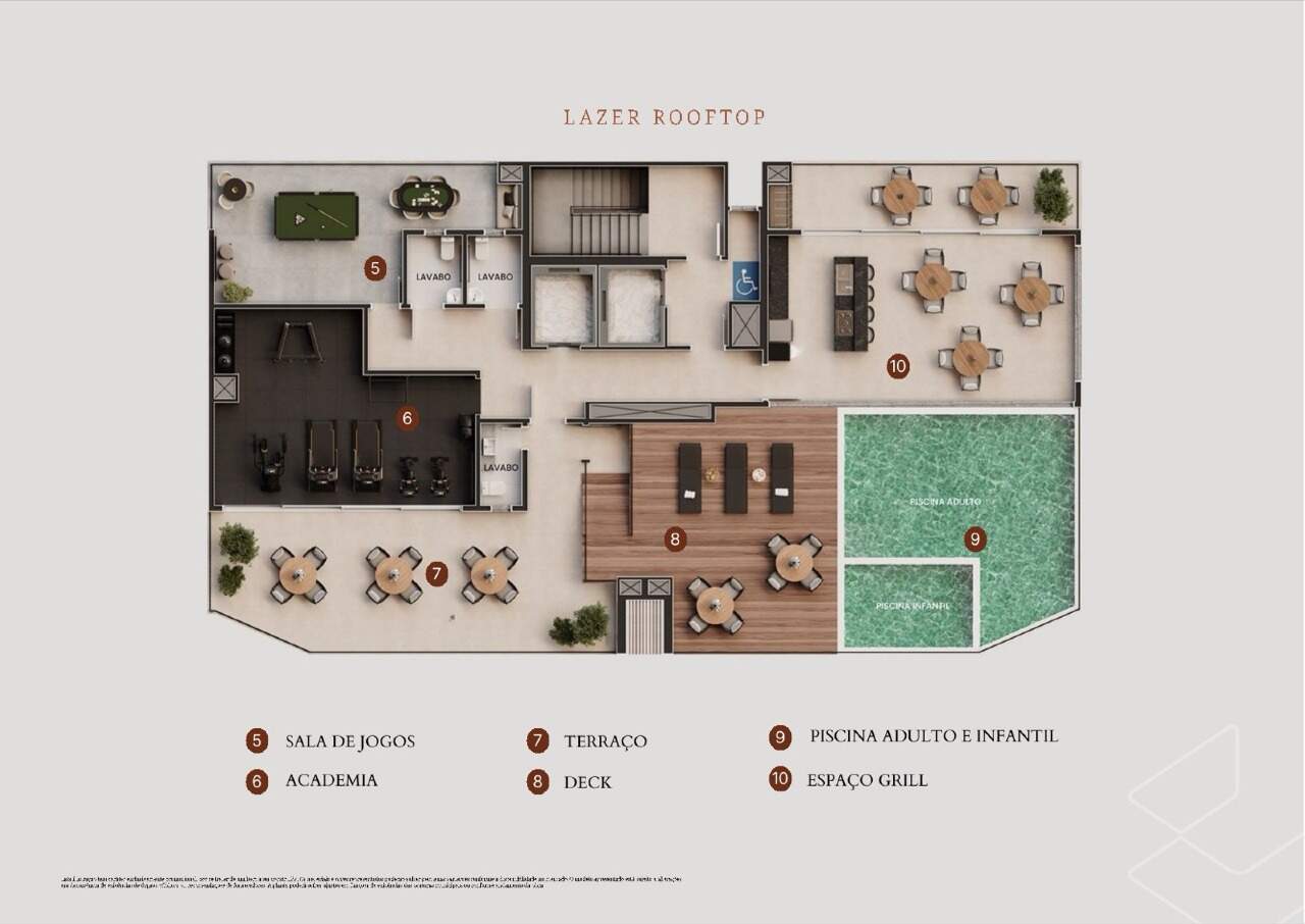 Planta do rooftop: piscinas, deck, espaço grill, academia e sala de jogos