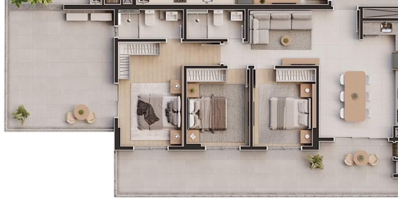 Planta do diferenciado de 131,36 m²: três dormitórios e terraço na frente e na lateral