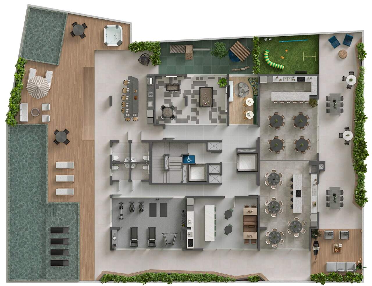 Planta do pavimento de lazer, com piscinas, spa, academia, pub e salões