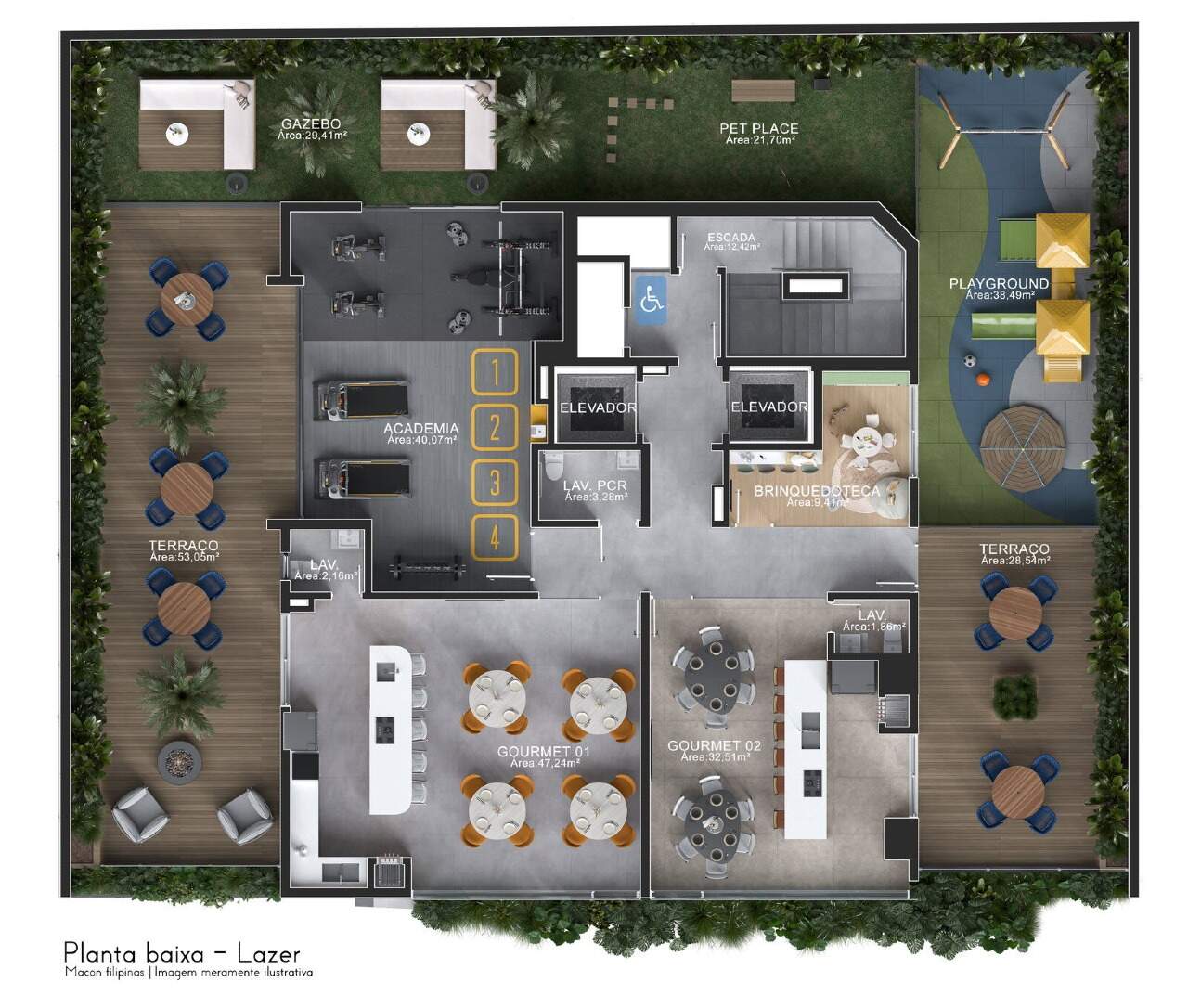 Planta do lazer, com academia, dois espaços gourmet, brinquedoteca e pet place