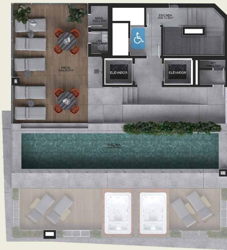 Planta do rooftop com piscina e deck