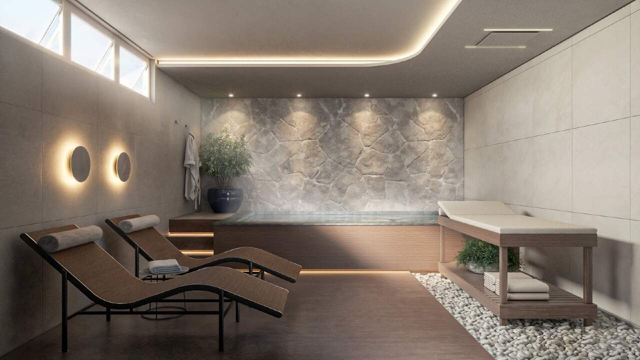 Spa com espreguiçadeiras, maca e iluminação indireta (imagem ilustrativa)