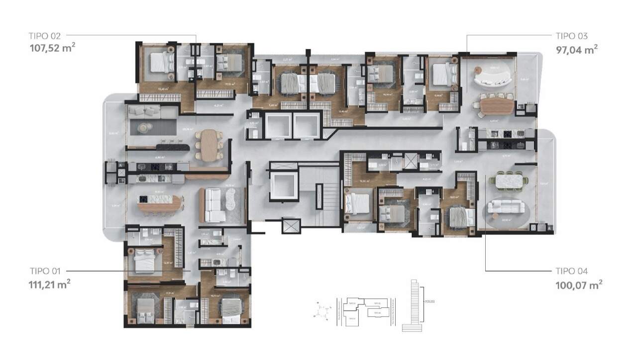 Pavimento tipo com as quatro plantas: 111,21, 107,52, 97,04 e 100,07 m²