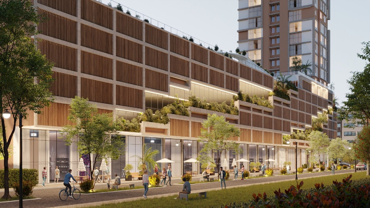 Embasamento com terraços ajardinados e lojas no térreo do High Line Residence (imagem ilustrativa)