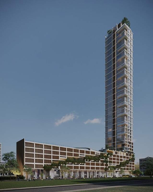 High Line Residence ao entardecer, com o embasamento e a torre (imagem ilustrativa)