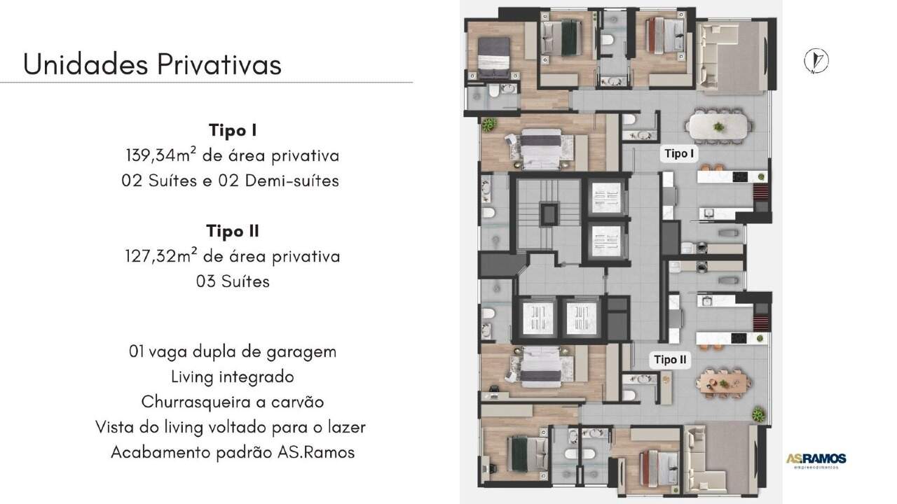 Planta do pavimento tipo, com os apartamentos Tipo I e Tipo II (imagem ilustrativa)