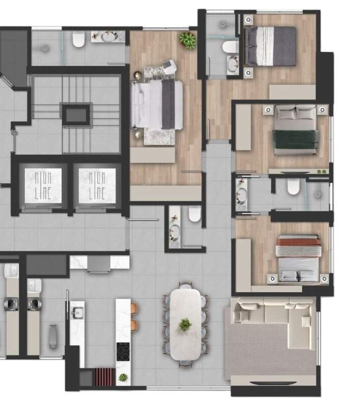 Planta Tipo I: 2 suítes, 2 demi-suítes, lavabo e churrasqueira a carvão (imagem ilustrativa)