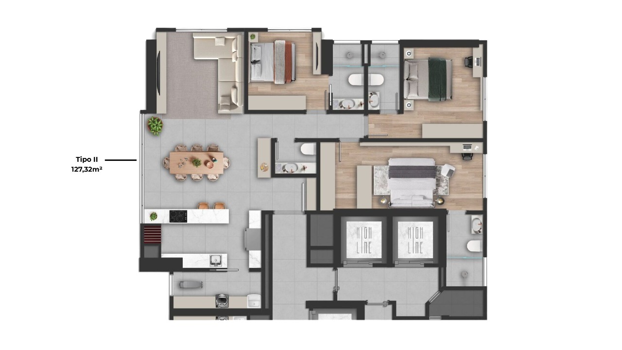 Planta Tipo II: 3 suítes, lavabo, living integrado e churrasqueira a carvão (imagem ilustrativa)
