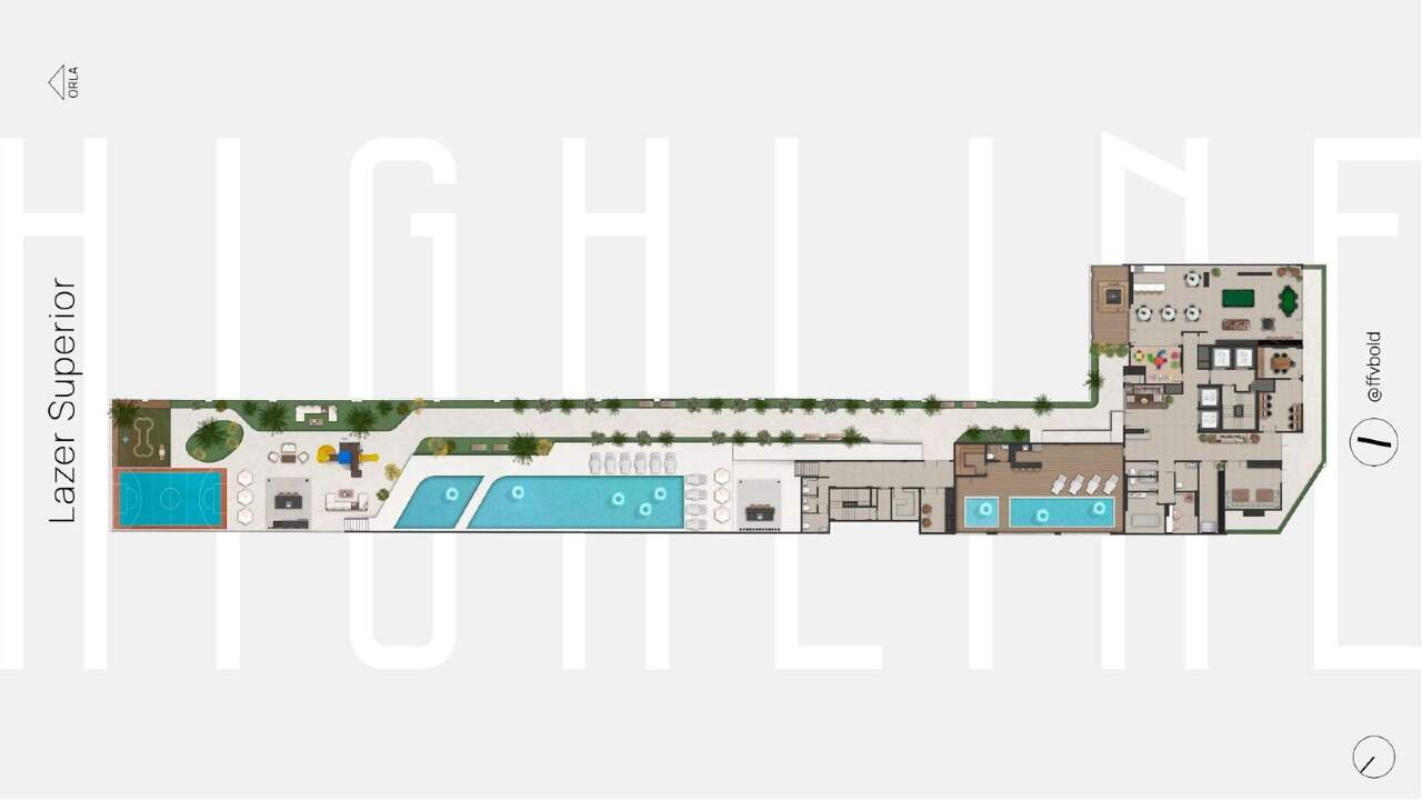 Planta do lazer superior, com parque linear, piscinas, quadra e salões (imagem ilustrativa)