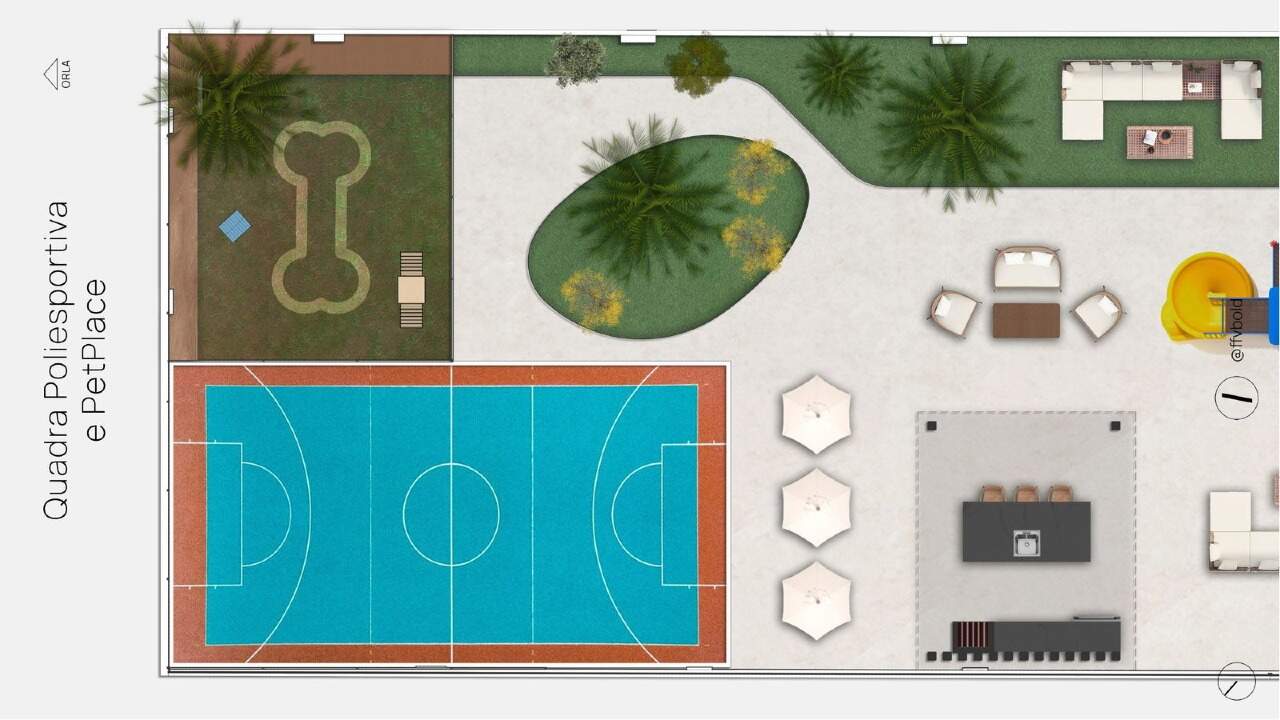Quadra poliesportiva, pet place e quiosque com churrasqueira (imagem ilustrativa)