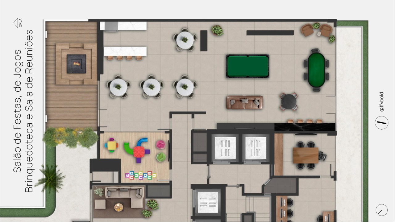 Salão de jogos com sinuca e lareira, brinquedoteca e sala de reuniões (imagem ilustrativa)