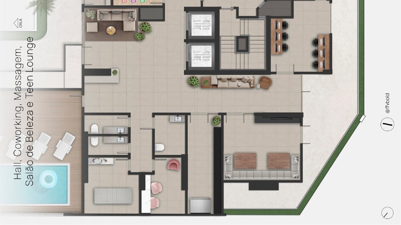 Hall, coworking, sala de massagem, salão de beleza e teen lounge (imagem ilustrativa)