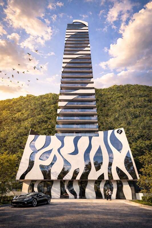 Trinity Tower ao entardecer, com a mata do morro do Atalaia ao fundo (imagem ilustrativa)