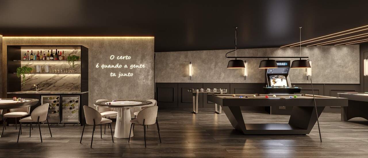 Sala de jogos com bar, mesa de carteado, bilhar e fliperama (imagem ilustrativa)