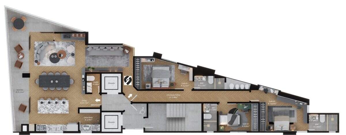 Planta do apartamento de 162,37 m²: 3 suítes, living de 35,73 m² e varanda de 21,23 m²