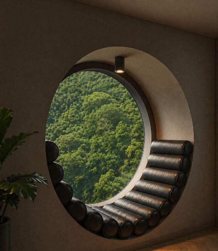 Quarto do apartamento de 87 m², com janela circular para a mata (imagem ilustrativa)