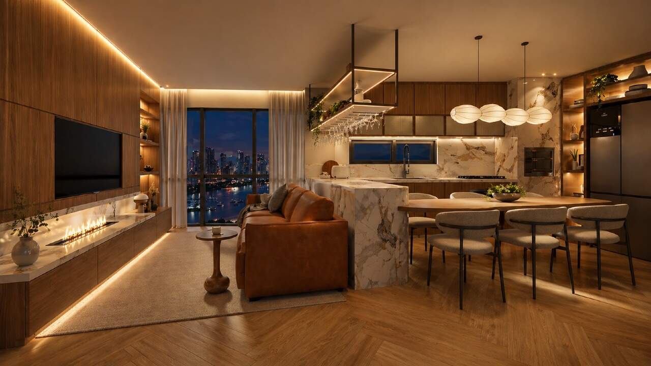 Living do apartamento de 76 m² à noite (imagem ilustrativa)