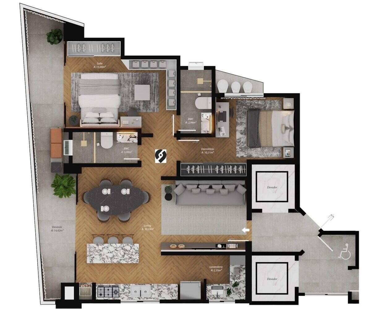 Planta do apartamento de 87,67 m²: suíte, dormitório, living de 30,39 m² e varanda de 14,42 m²