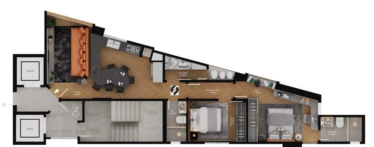 Planta do apartamento de 76,03 m²: suíte, dormitório, living de 29,02 m² e lavanderia