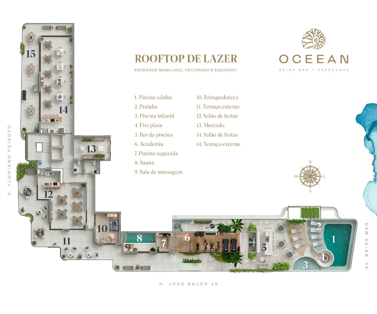 Planta do rooftop do Oceean: piscinas, academia, spa, brinquedoteca e salões