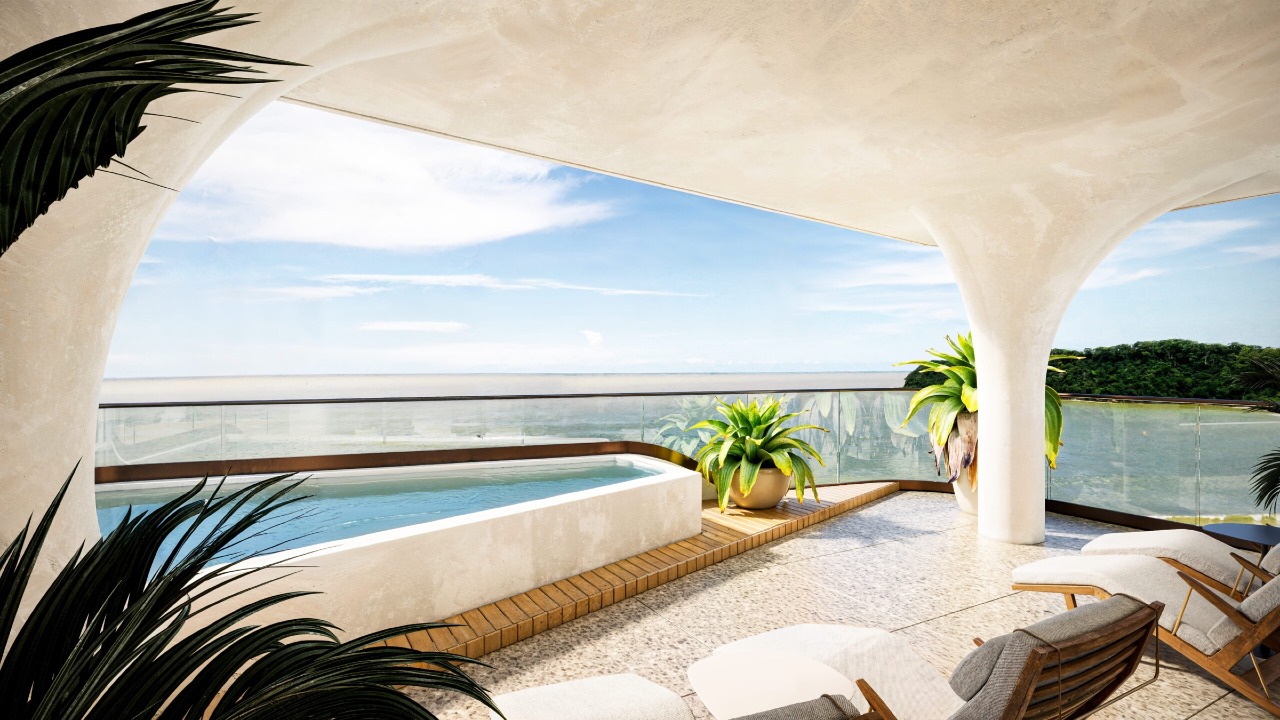 Terraço com piscina privativa de apartamento frente mar (imagem ilustrativa)