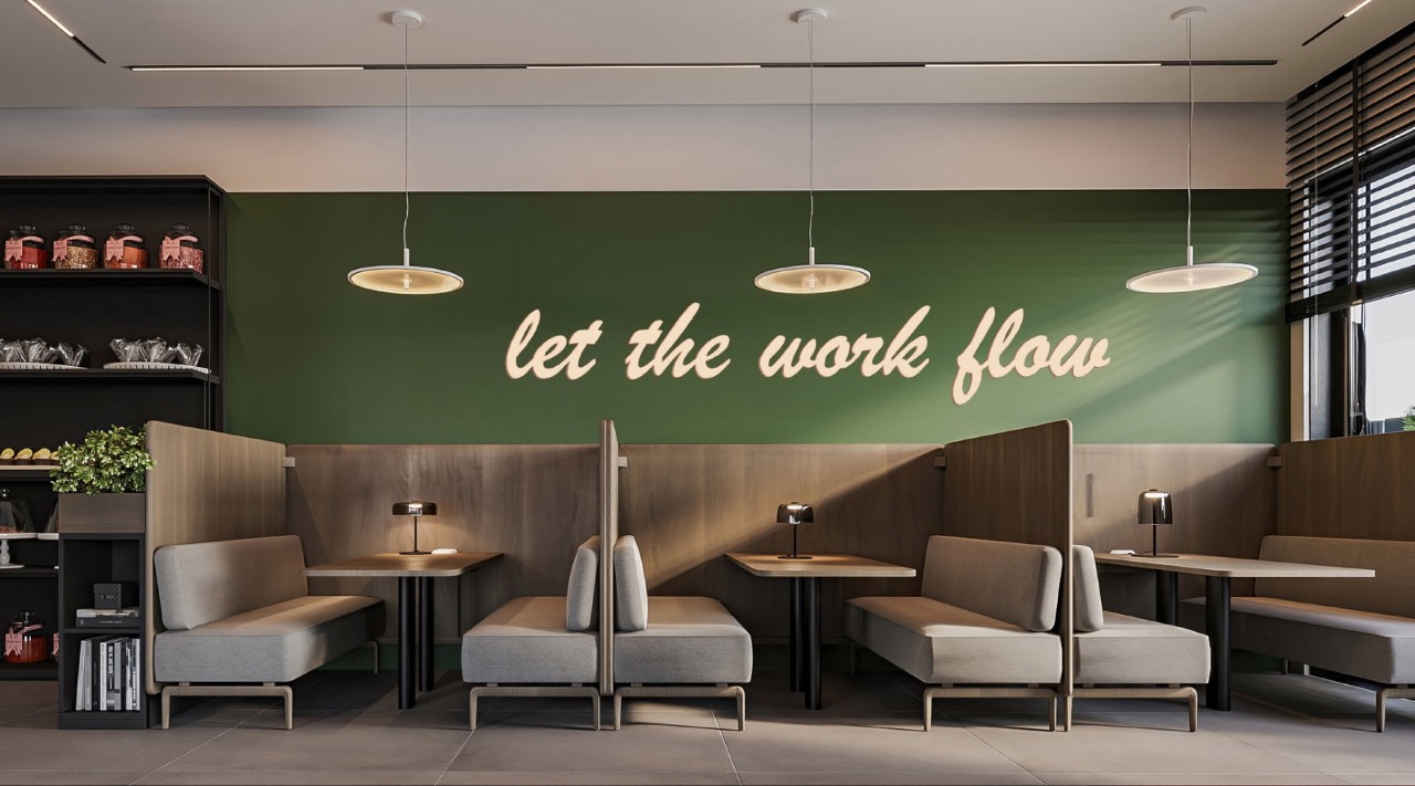 Coworking com cabines e mesas de trabalho (imagem ilustrativa)