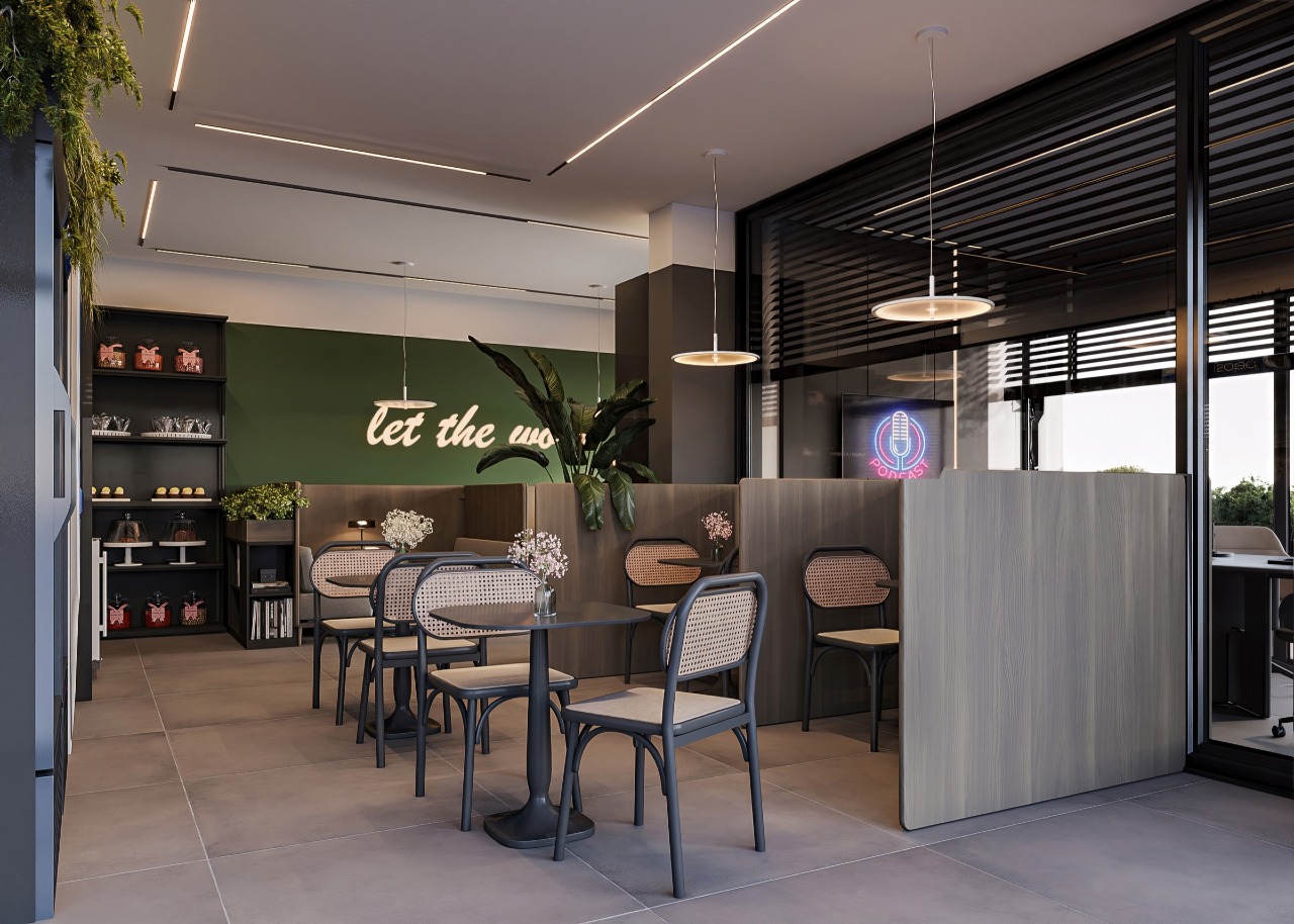 Mercadinho com mesas de apoio ao lado do coworking (imagem ilustrativa)