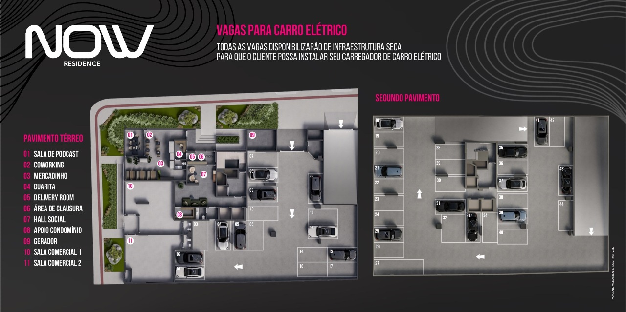 Planta do térreo com coworking, podcast, mercadinho e garagem