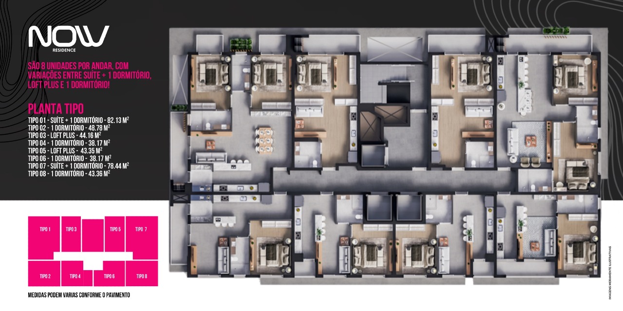Planta do pavimento tipo com os oito tipos de apartamento
