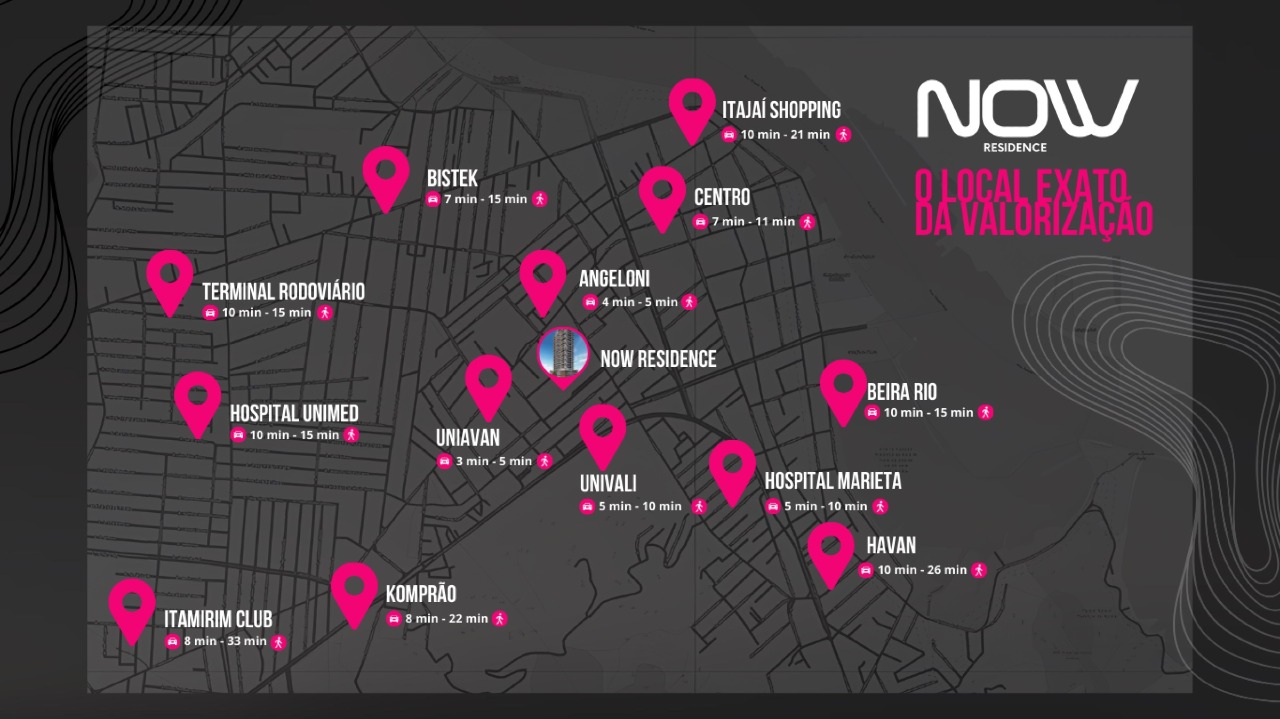 Mapa com Univali, hospitais, mercados e shopping perto do NOW Residence