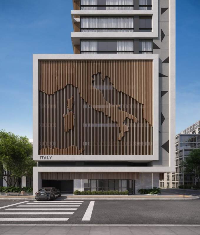 Fachada da Rua 2300 com o painel do mapa da Itália e o hall de entrada (imagem ilustrativa)