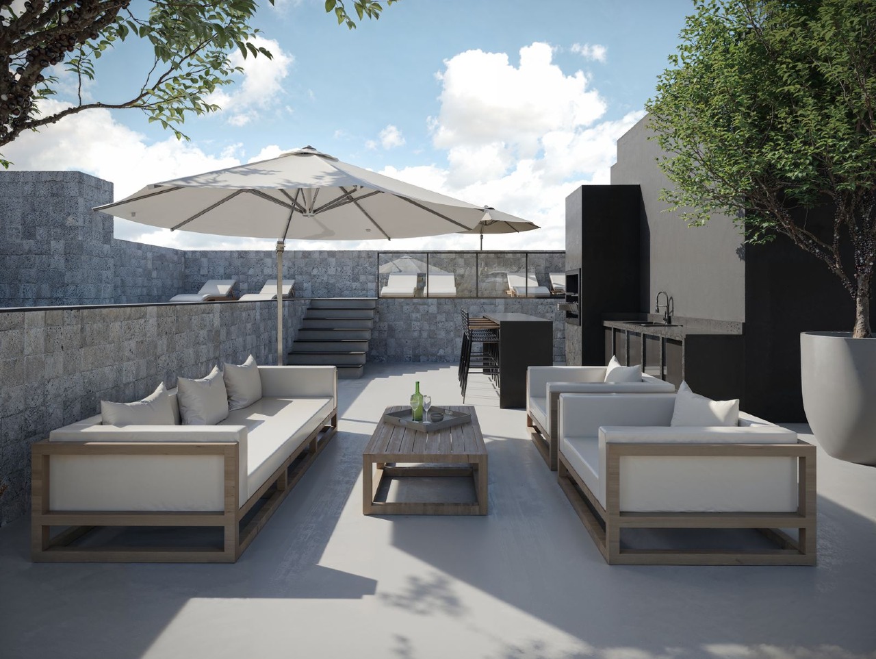 Lounge do rooftop com espreguiçadeiras (imagem ilustrativa)