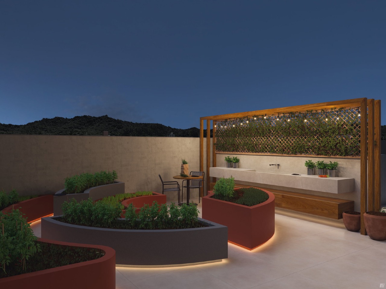 Terraço com floreiras e pergolado (imagem ilustrativa)
