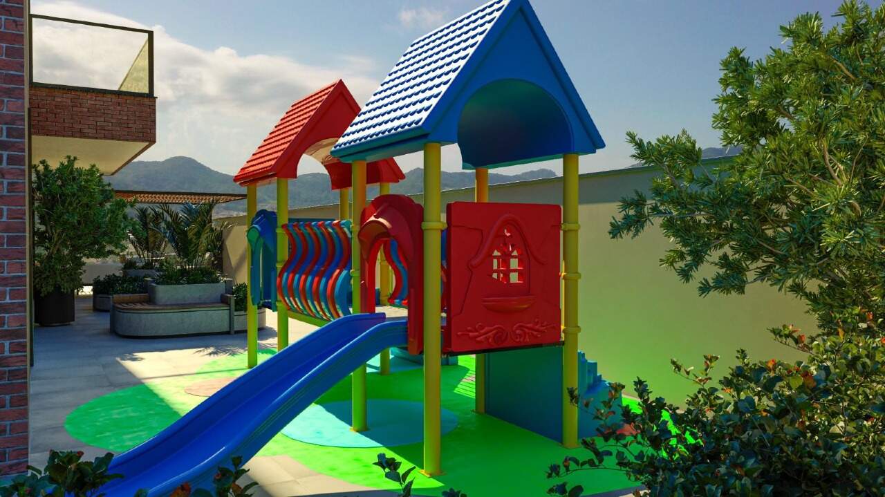 Playground ao ar livre cercado de jardim (imagem ilustrativa)