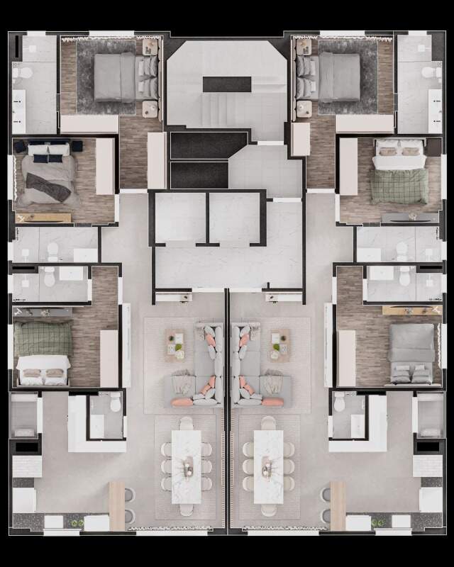 Planta humanizada do pavimento tipo com dois apartamentos (imagem ilustrativa)