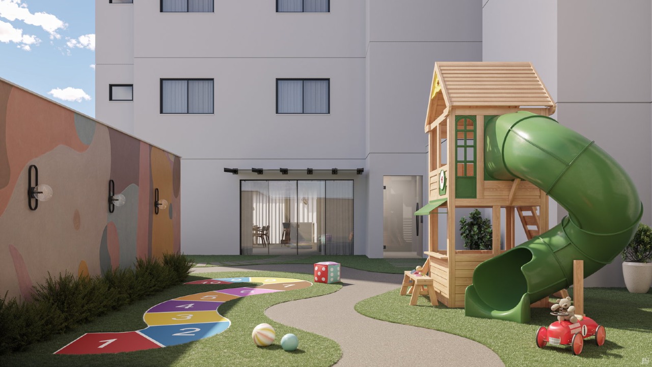 Playground com casinha e escorregador (imagem ilustrativa)