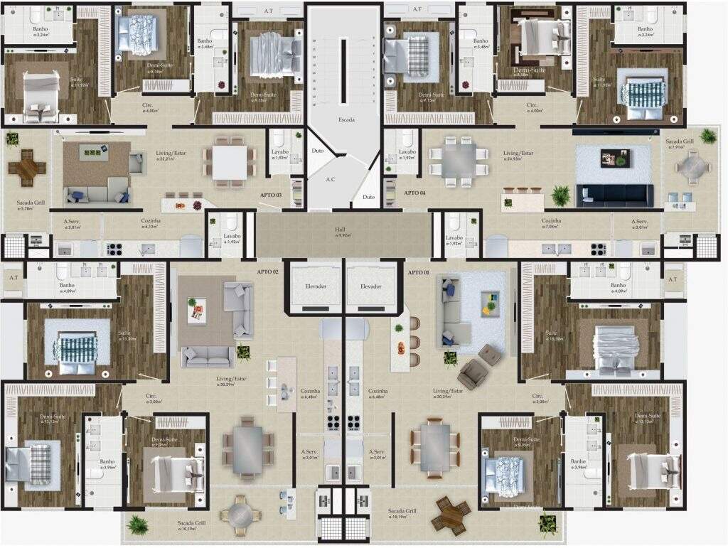 Planta do pavimento tipo, com quatro apartamentos por andar (imagem ilustrativa)
