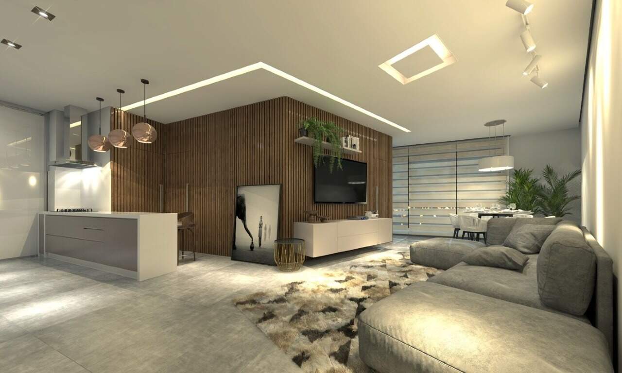 Living com cozinha integrada em apartamento decorado (imagem ilustrativa)