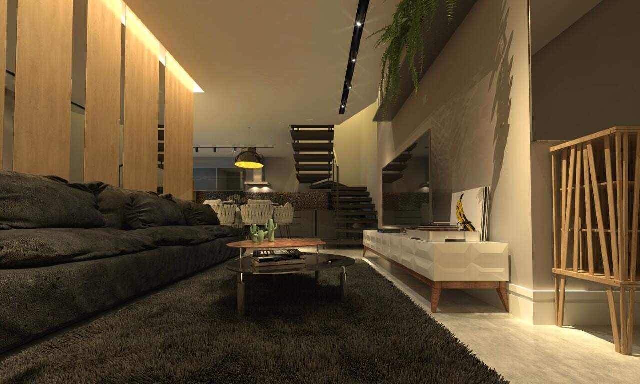 Estar de apartamento duplex com escada (imagem ilustrativa)