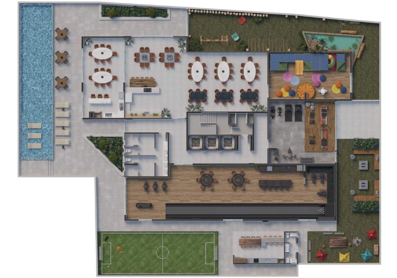 Implantação do lazer do Soul Brava Club, com piscina e campo (imagem ilustrativa)