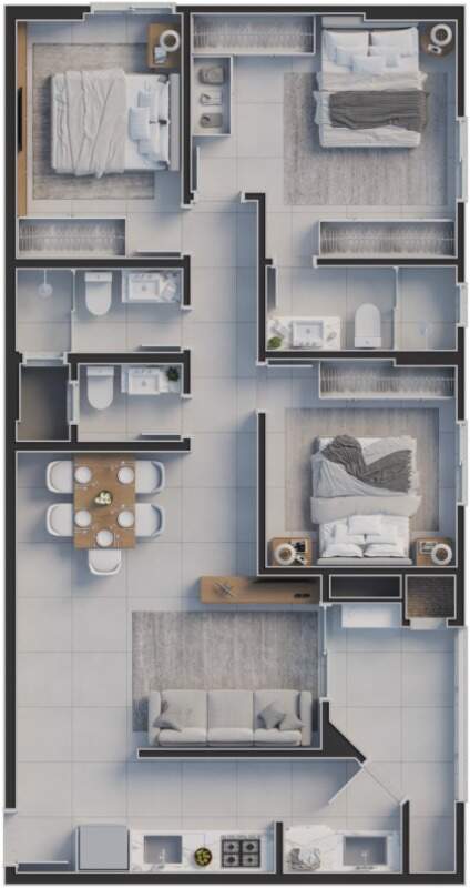 Planta tipo A, 85,09 m²: suíte, 2 dormitórios, lavabo e 2 vagas (imagem ilustrativa)