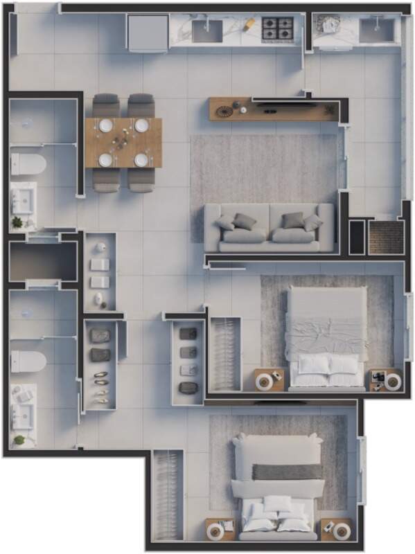 Planta tipo B, 65,19 m²: suíte, 1 dormitório e 2 vagas (imagem ilustrativa)
